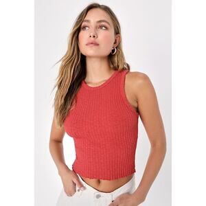 Lulus Daily Status Terra Cotta Ribbed Textured Cropped Tank Top - Size M